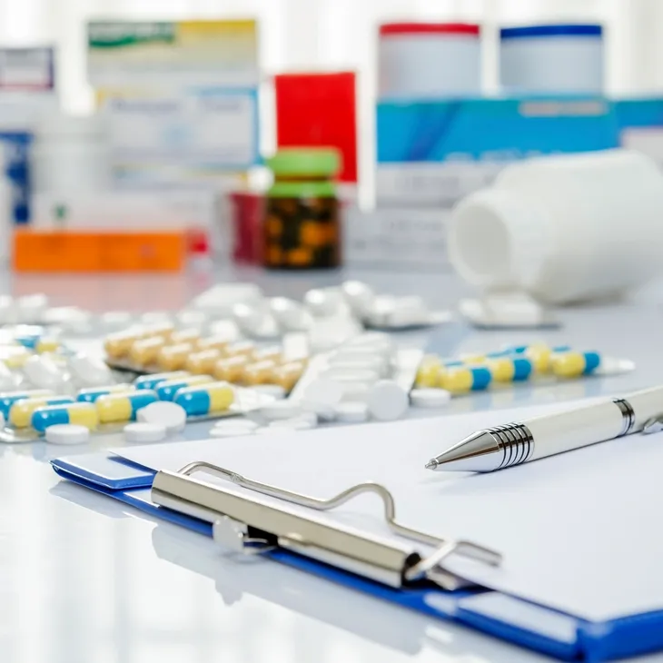 Clipboard with pen and scattered medications