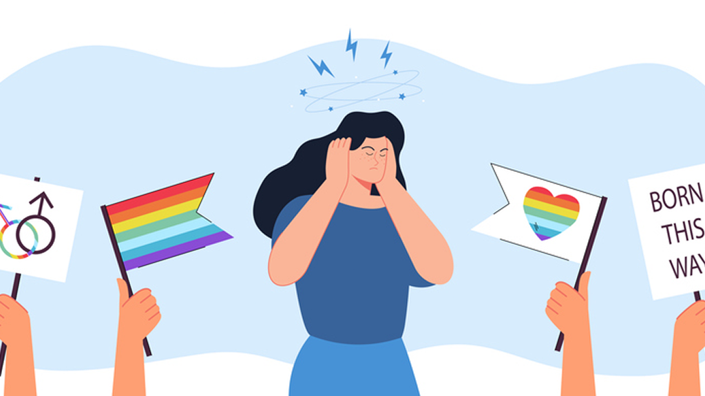 Woman covering ears amid pride flags