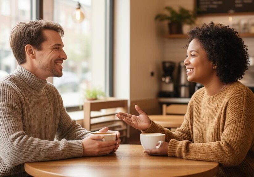 Friends enjoying coffee and conversation.